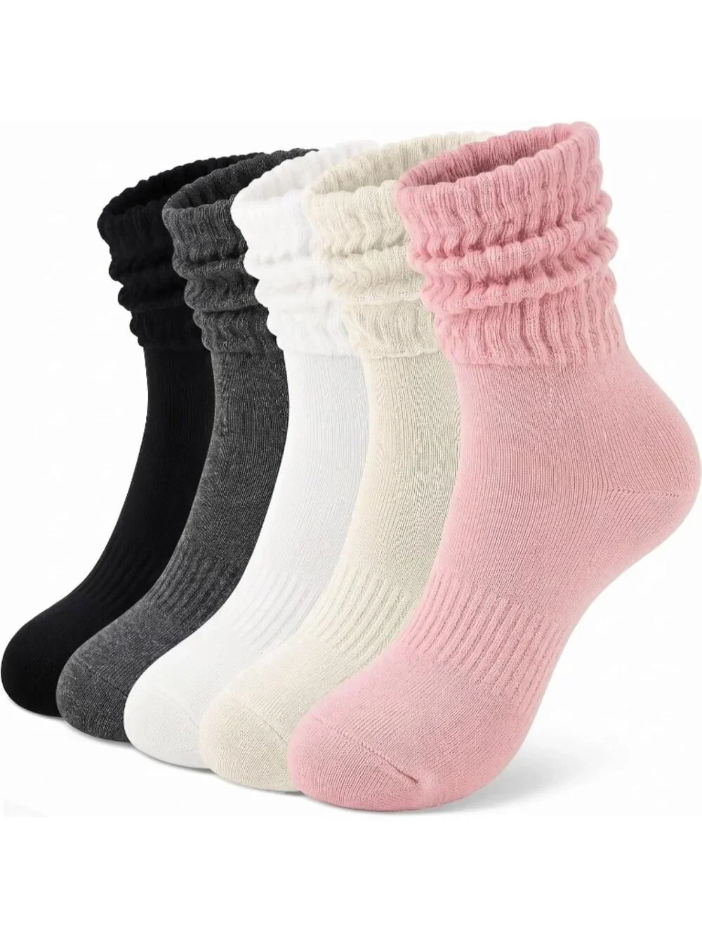 🧦Women's Pink White 5 Pair Slouchy Socks Slouch Cotton Crew Scrunch Socks